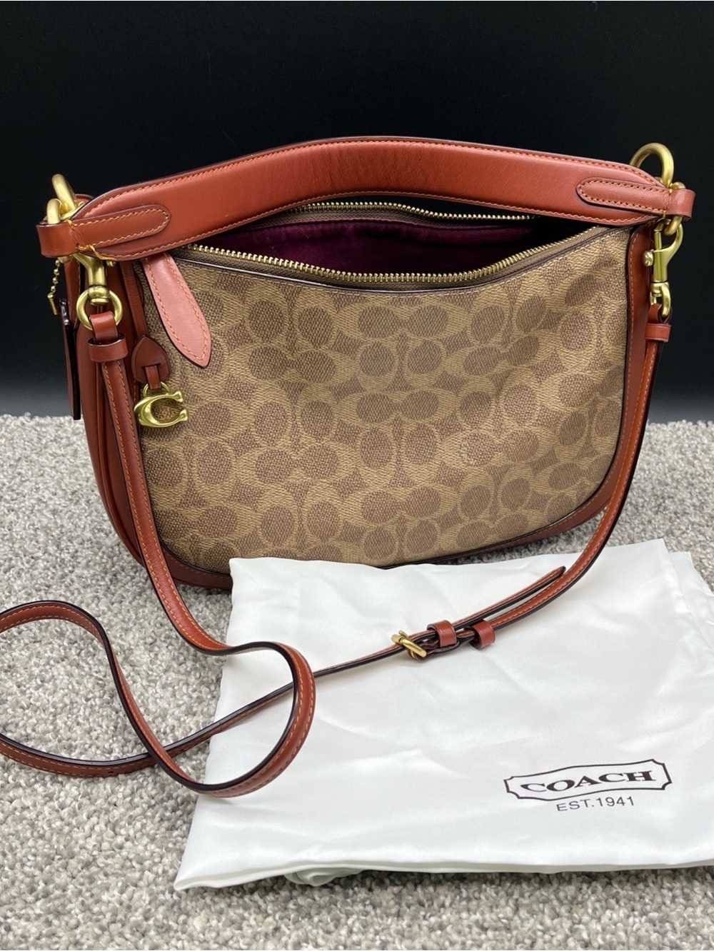 Coach Sutton Signature Coated Canvas PVC Leather Crossbody Shoulder Bag Tan Rust